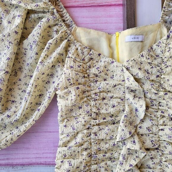 Lush Yellow Floral Puff Sleeves Ruched Ruffle Fitted Bodycon Mini Dress Small - Picture 4 of 6